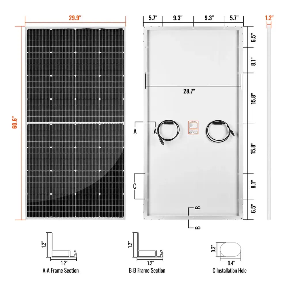 Technical blueprint and structural dimension schematic for the silver-framed Rich Solar MEGA 250 PRO 24V solar panel highlighting its 60.6" by 29.9" footprint.
