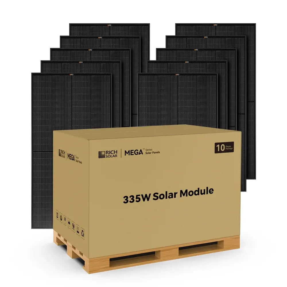 Rich Solar 335W all-black solar panel 10-piece bulk commercial package on a transport pallet.