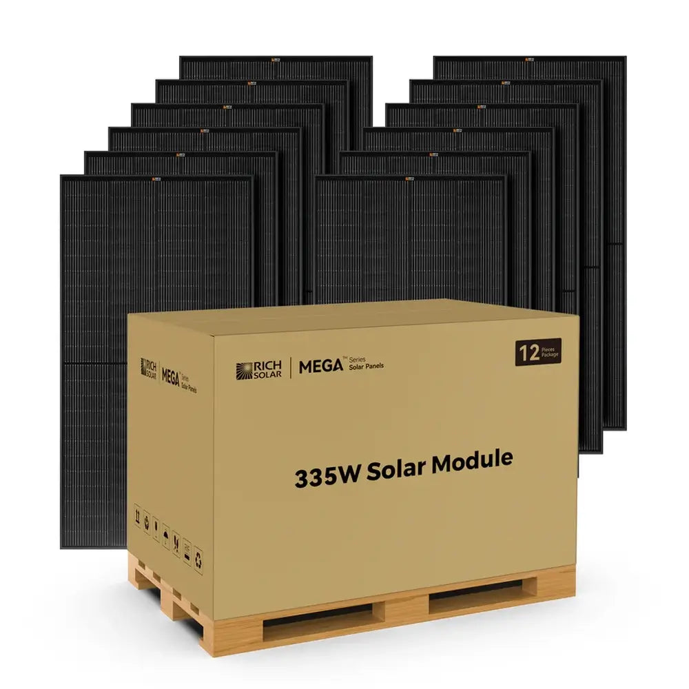 Volume distribution pallet box holding a 12-piece package of Rich Solar all-black 335W solar panels.