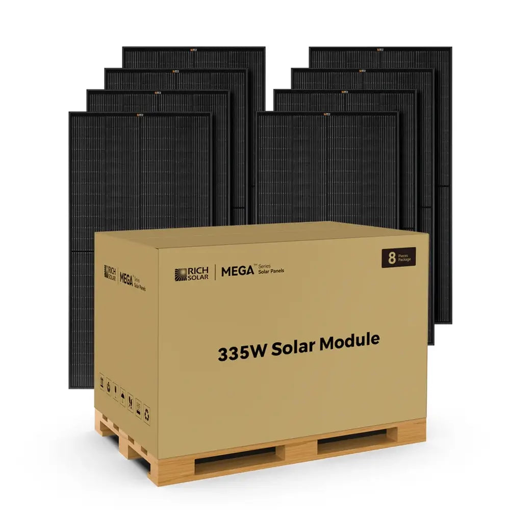 Wholesale 8-piece pallet kit of Rich Solar MEGA 335W all-black monocrystalline solar modules.