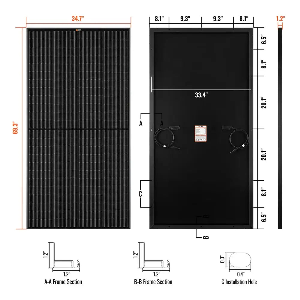 Physical specifications, frame sections, and measurement layout diagram for the Rich Solar 24V 335W all-black solar panel.