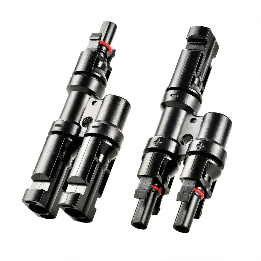 Rich Solar T2 parallel solar panel branch connectors for combining PV solar panel arrays.