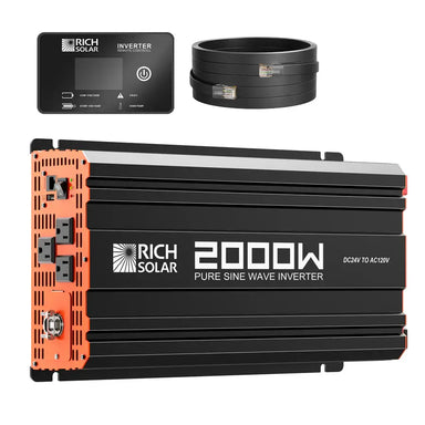 Rich Solar NOVA PURE MAX 2000W 24V pure sine wave inverter kit with digital remote control panel and connection cable.