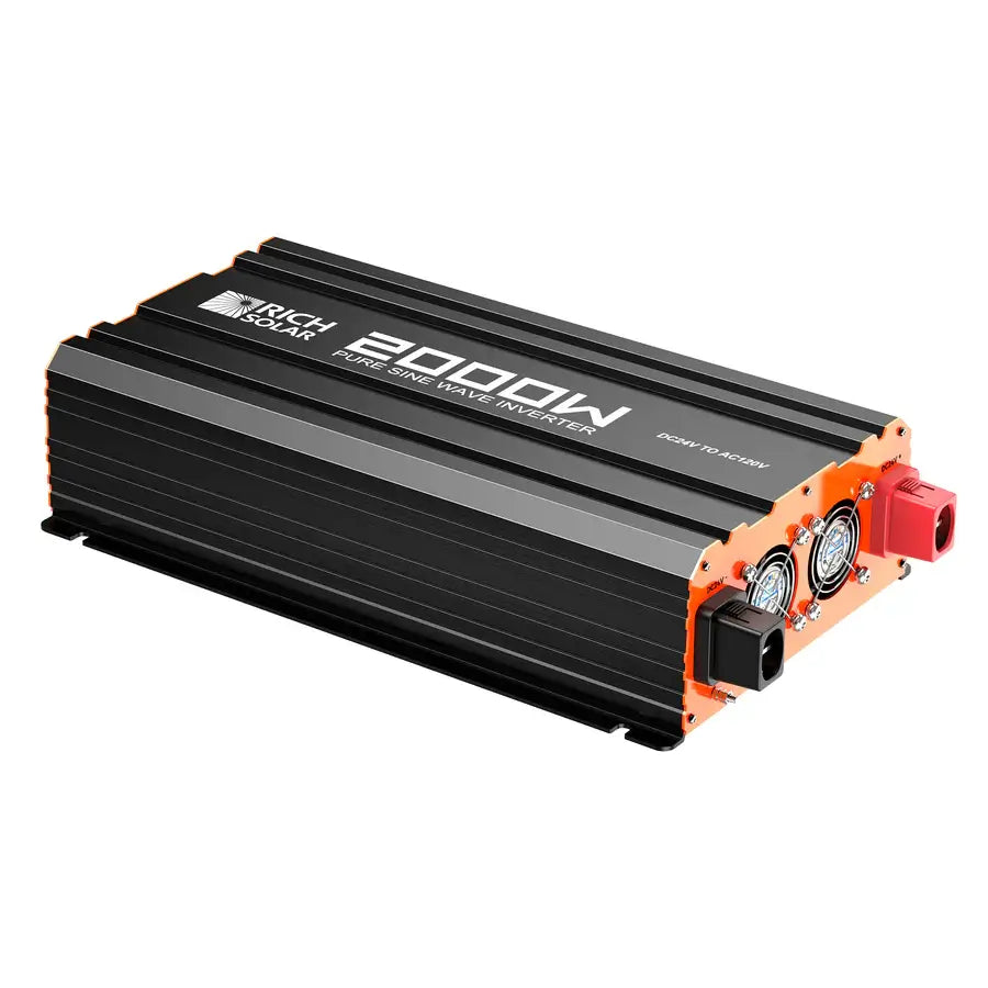 Rear panel details of the Rich Solar 24V 2000W inverter highlighting dual cooling fans and positive/negative DC terminal blocks.
