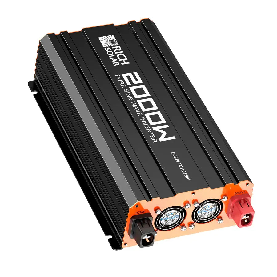 High-angle vertical view of the Rich Solar NOVA PURE MAX 2K inverter emphasizing the heavy-duty DC connection ports and cooling system.