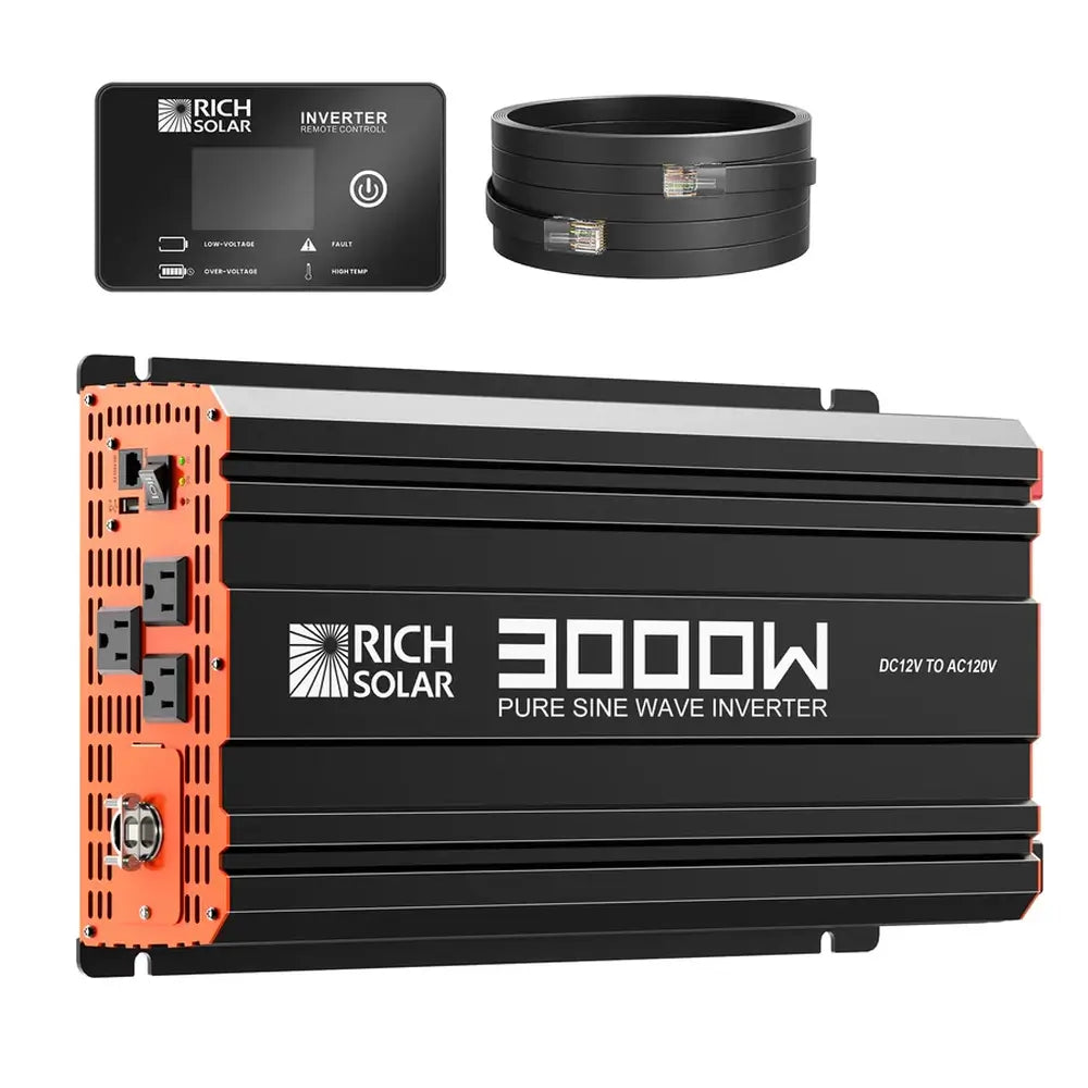 Rich Solar NOVA PURE 3K 3000W Pure Sine Wave Inverter kit including the 12V DC to 120V AC power inverter unit, digital remote control display panel, and communication cable.