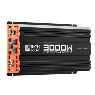 Rich Solar 3000W Pure Sine Wave Inverter front view showing the black aluminum heat sink chassis, orange end caps, three AC outlets, and power switch.