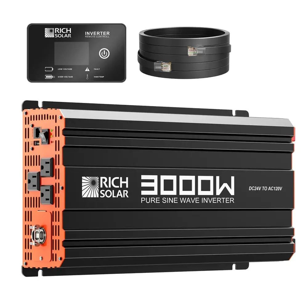 Rich Solar NOVA PURE MAX 3K 24V 3000W pure sine wave inverter kit with digital remote control display panel and connection cable.