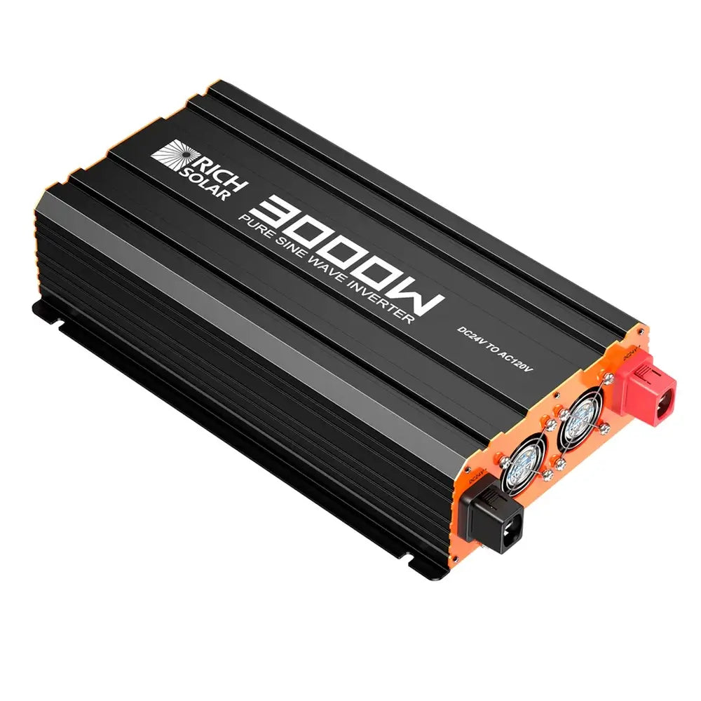 Side profile angle of the Rich Solar NOVA PURE MAX 3K 24V inverter showcasing the compact layout of the DC power terminals and ventilation fans.