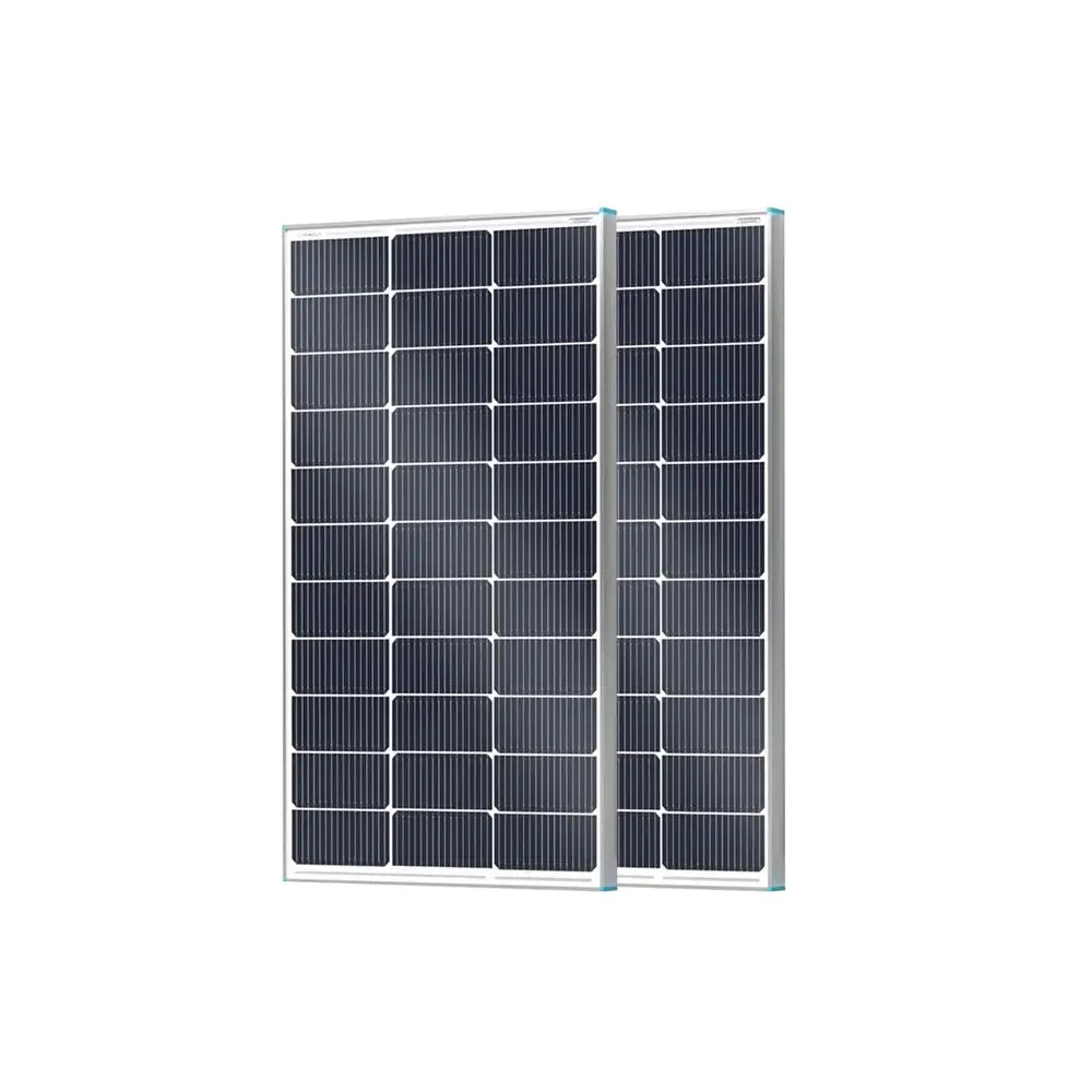 Two Renogy 200W N-Type Slim Solar Panels featuring compact dimensions and efficient monocrystalline cell technology.