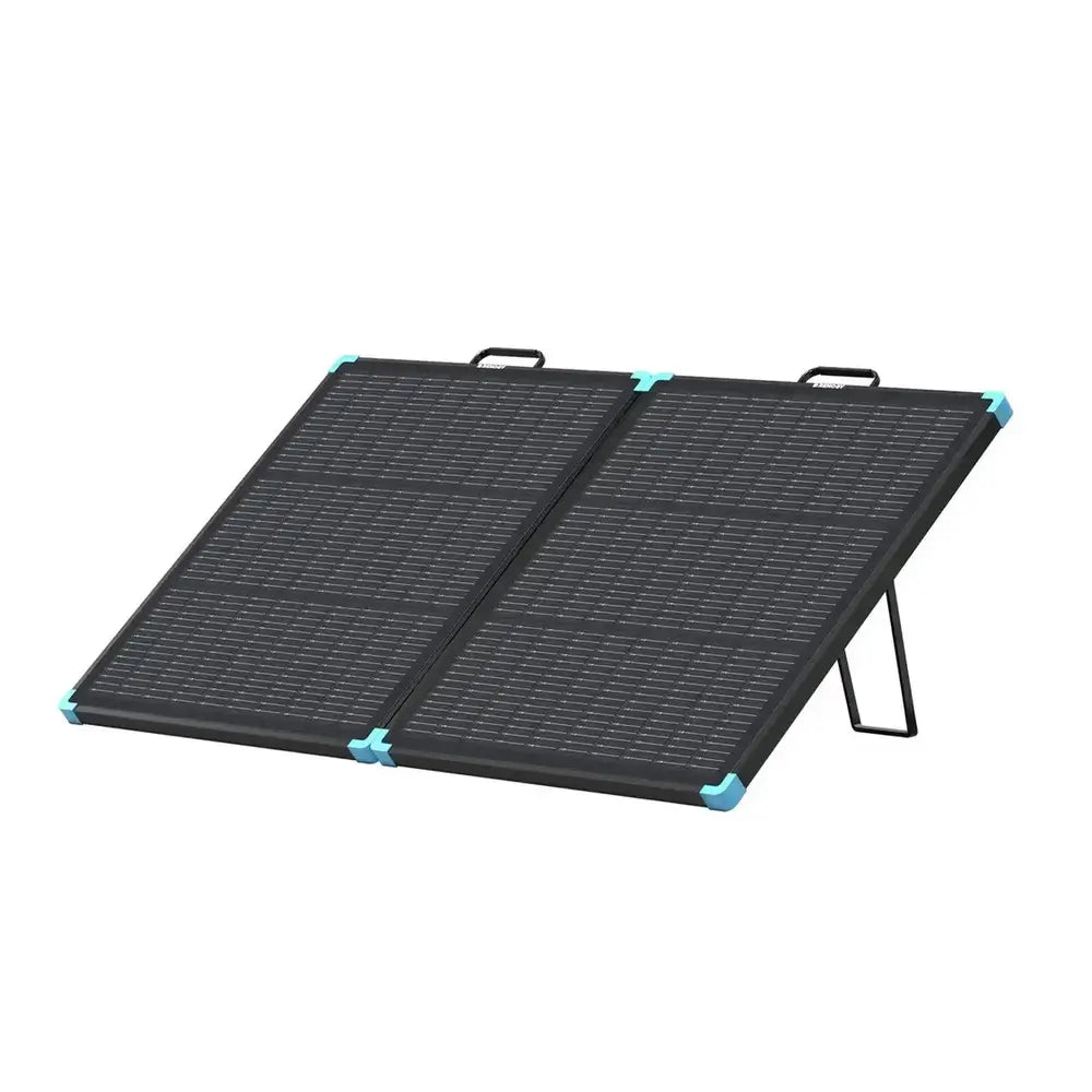 Renogy 100W N-type portable lightweight solar suitcase set up on built-in kickstands against a white background.