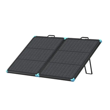 Renogy 100W N-type portable lightweight solar suitcase set up on built-in kickstands against a white background.