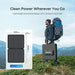 Infographic showing a hiker carrying a compact Renogy solar panel case alongside dimensions and a 4.02kg weight specification.