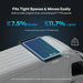 Renogy N-Type solar panel dimensions and weight infographic showing a compact, lightweight fit on a camper van roof.