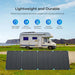 Renogy 300W portable solar suitcase infographic highlighting 25% efficiency, IP67 waterproof ETFE coating, and RV camping power.
