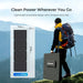 Lightweight 8.5kg Renogy 300W portable solar suitcase dimensions and carrying case graphic shown with a mountain hiker.