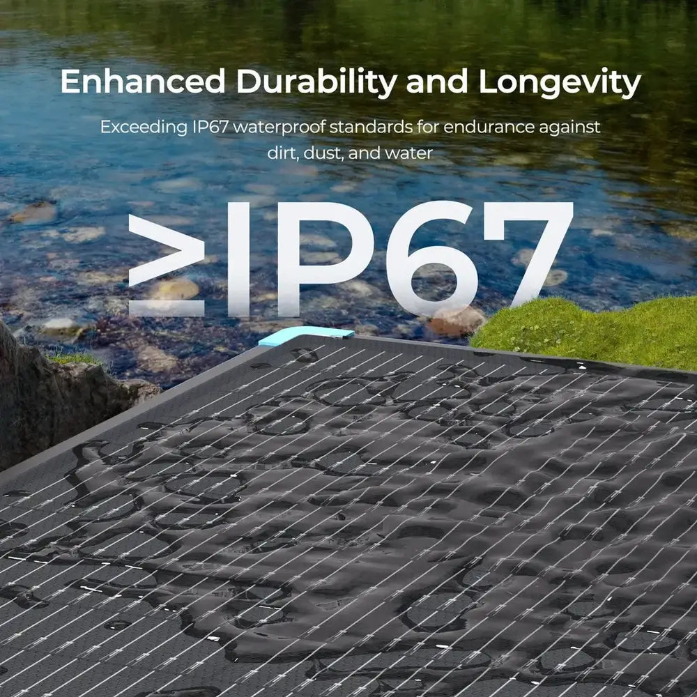 Close-up of water droplets on Renogy N-type solar panel surface demonstrating its durable IP67 waterproof rating.