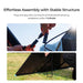 Close-up demonstration of plugging in solar connectors and adjusting the sturdy metal kickstands on grass.