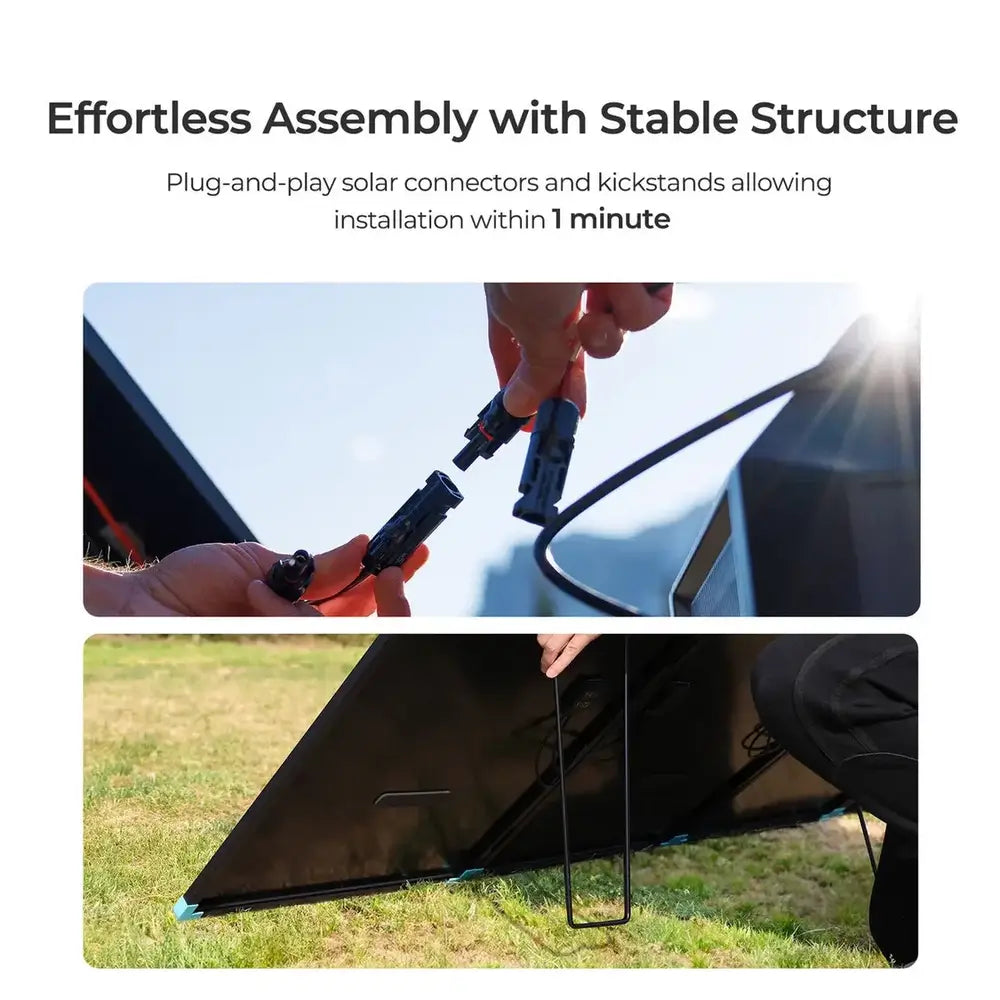 Close-up of plug-and-play solar connectors and adjustable kickstand setup for quick 1-minute solar panel installation.