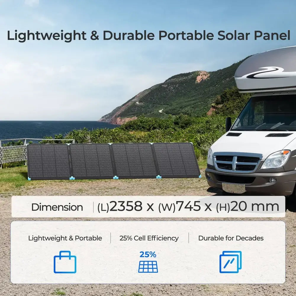 Renogy 300W portable solar suitcase unfolded next to a Class C RV camper, displaying dimensions of 2358 x 745 x 20 mm and 25% cell efficiency.