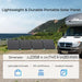 Renogy 300W portable solar suitcase unfolded next to a Class C RV camper, displaying dimensions of 2358 x 745 x 20 mm and 25% cell efficiency.