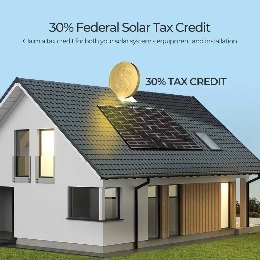 30% Federal Solar Tax Credit promotional graphic featuring Renogy monocrystalline solar panels installed on a modern home's rooftop.