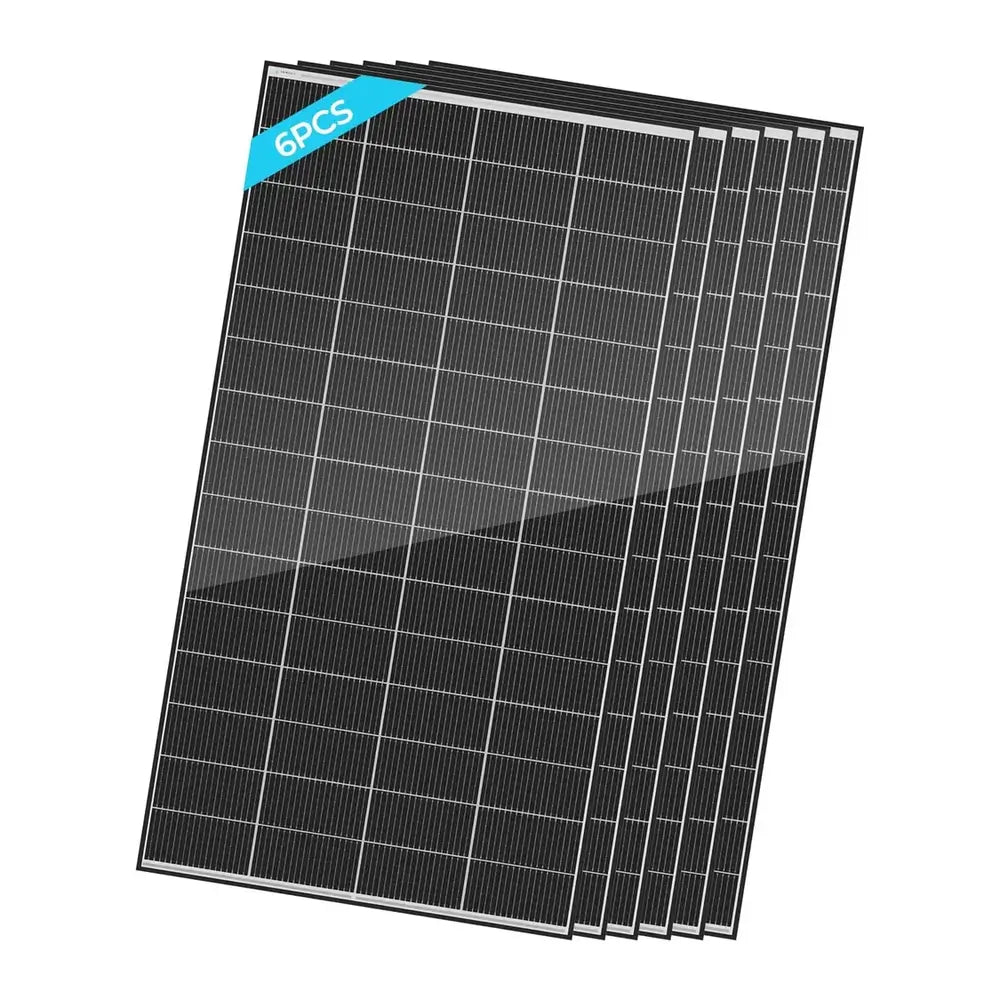 A 6-pack of Renogy 320W N-Type monocrystalline solar panels stacked with a blue 6PCS label.