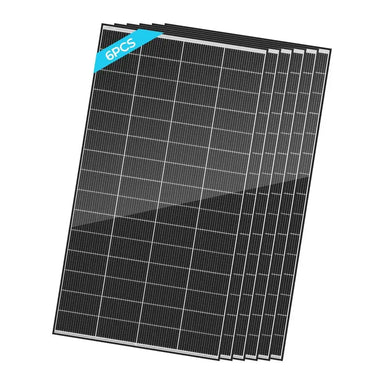 A 6-pack of Renogy 320W N-Type monocrystalline solar panels stacked with a blue 6PCS label.