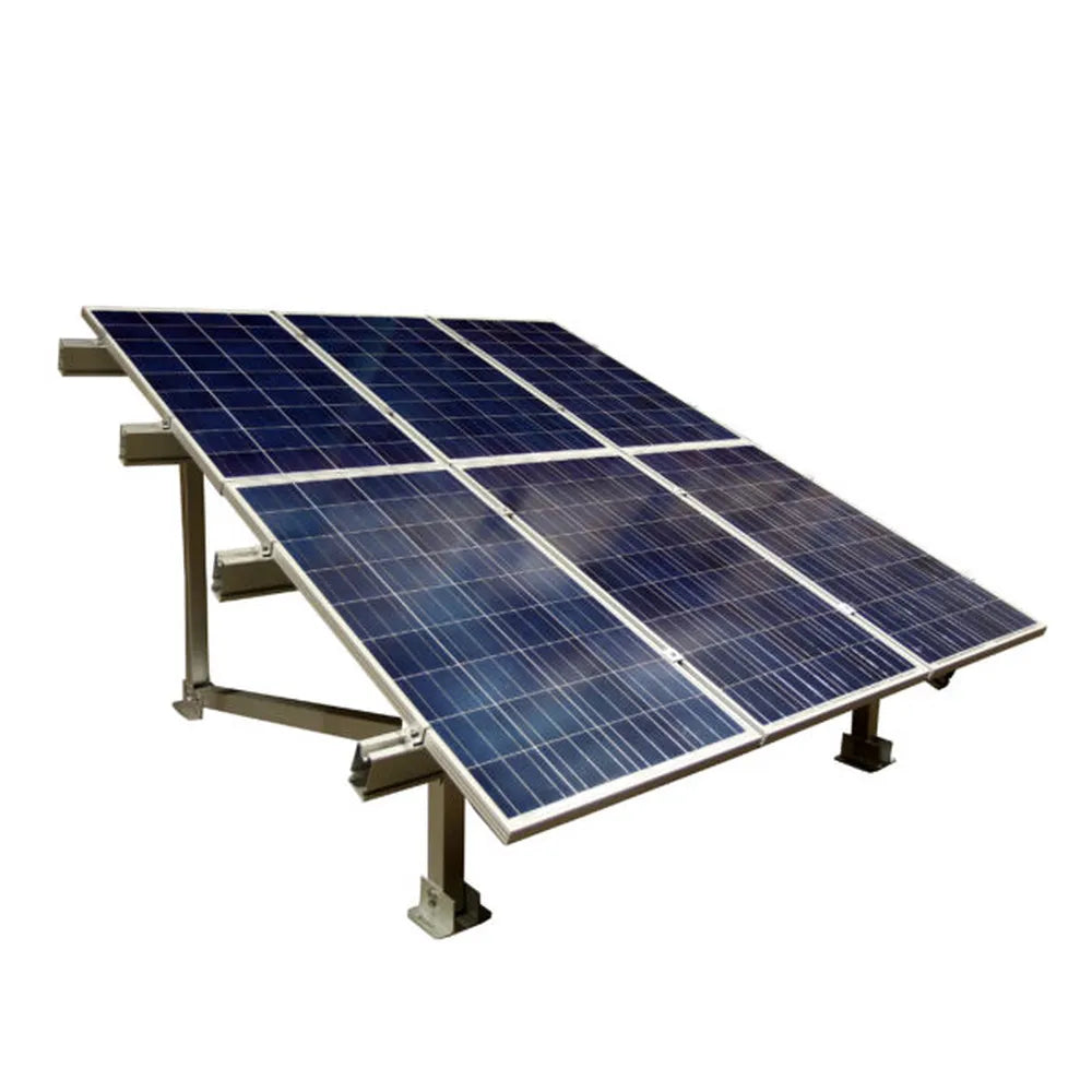 Six solar panels installed on an AIMS Power ground mount racking system, shown at a tilted angle with aluminum rails and support legs for outdoor solar array setup.