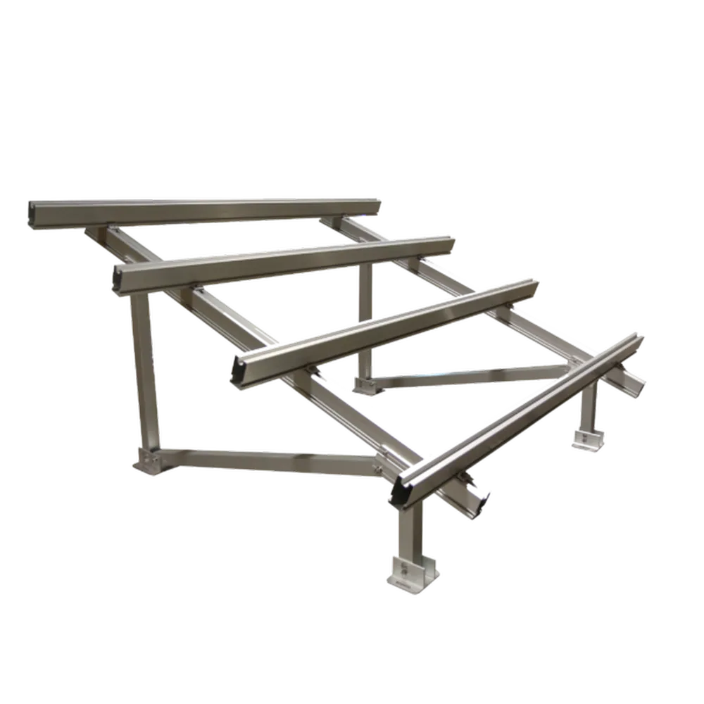 AIMS Power 6-panel solar ground mount rack with silver metal support rails, angled crossbars, vertical legs, and base plates for ground-mounted photovoltaic panel installation.