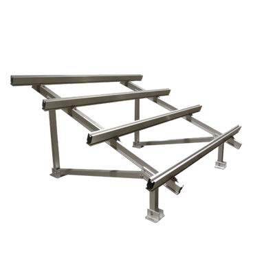 AIMS Power 6-panel solar ground mount rack with silver metal support rails, angled crossbars, vertical legs, and base plates for ground-mounted photovoltaic panel installation.