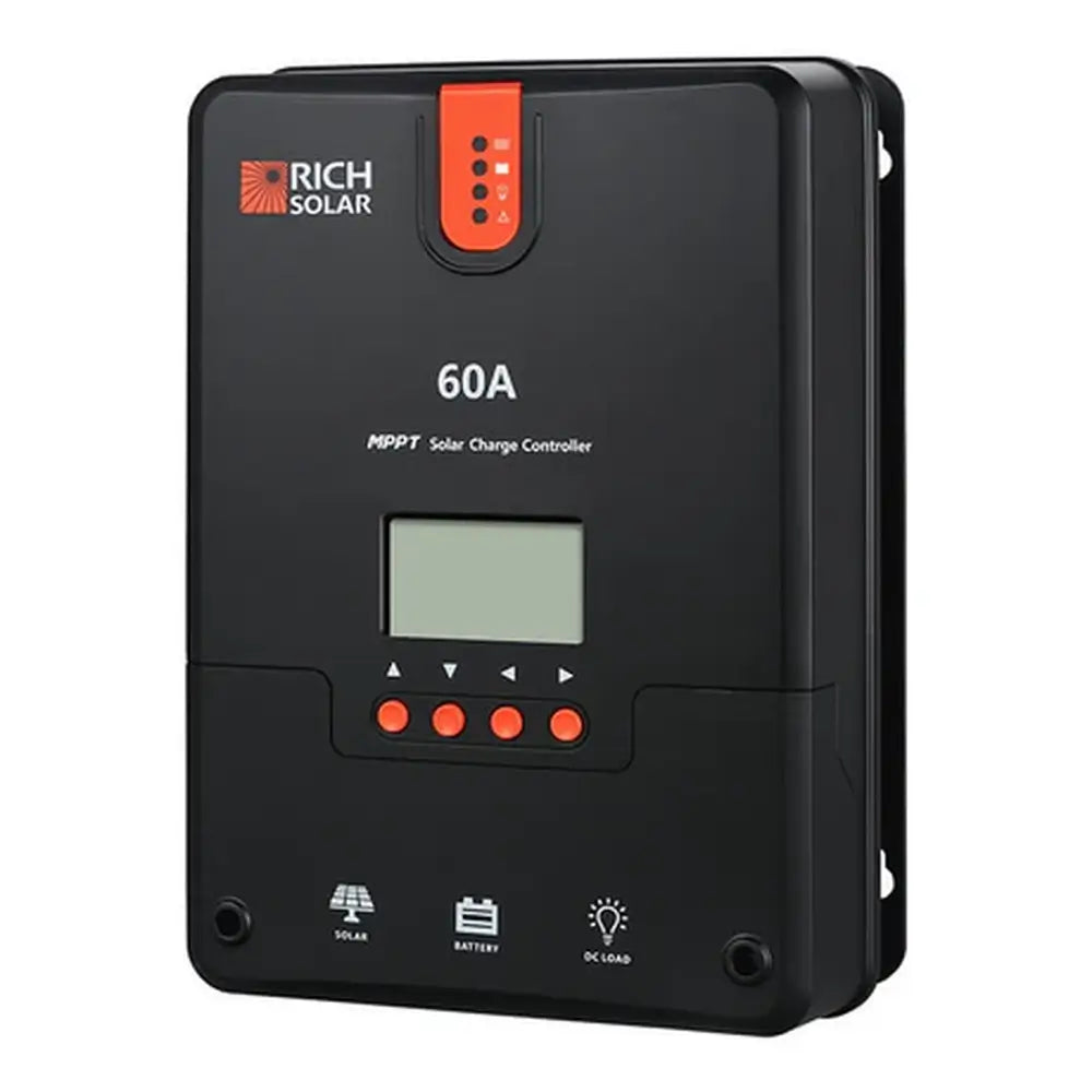 Close-up of a Rich Solar 60A MPPT solar charge controller in black and orange, featuring an LCD screen and navigation buttons.