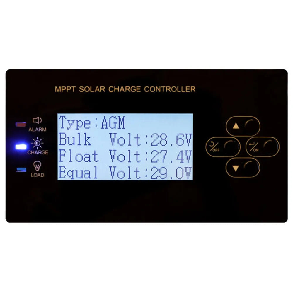 LCD settings screen on AIMS Power MPPT solar charge controller displaying AGM battery type with bulk voltage 28.6V, float voltage 27.4V, and equalization voltage 29.0V.
