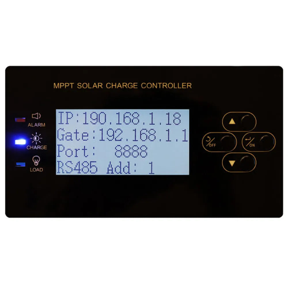 LCD communication settings screen on AIMS Power MPPT solar charge controller showing IP 190.168.1.18, gateway 192.168.1.1, port 8888, and RS485 address 1.
