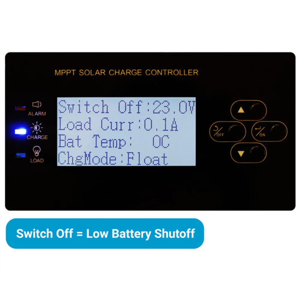 Close-up LCD screen on MPPT solar charge controller showing switch off 23.0V, load current 0.1A, battery temperature 0C, charge mode float, and “Switch Off = Low Battery Shutoff.”