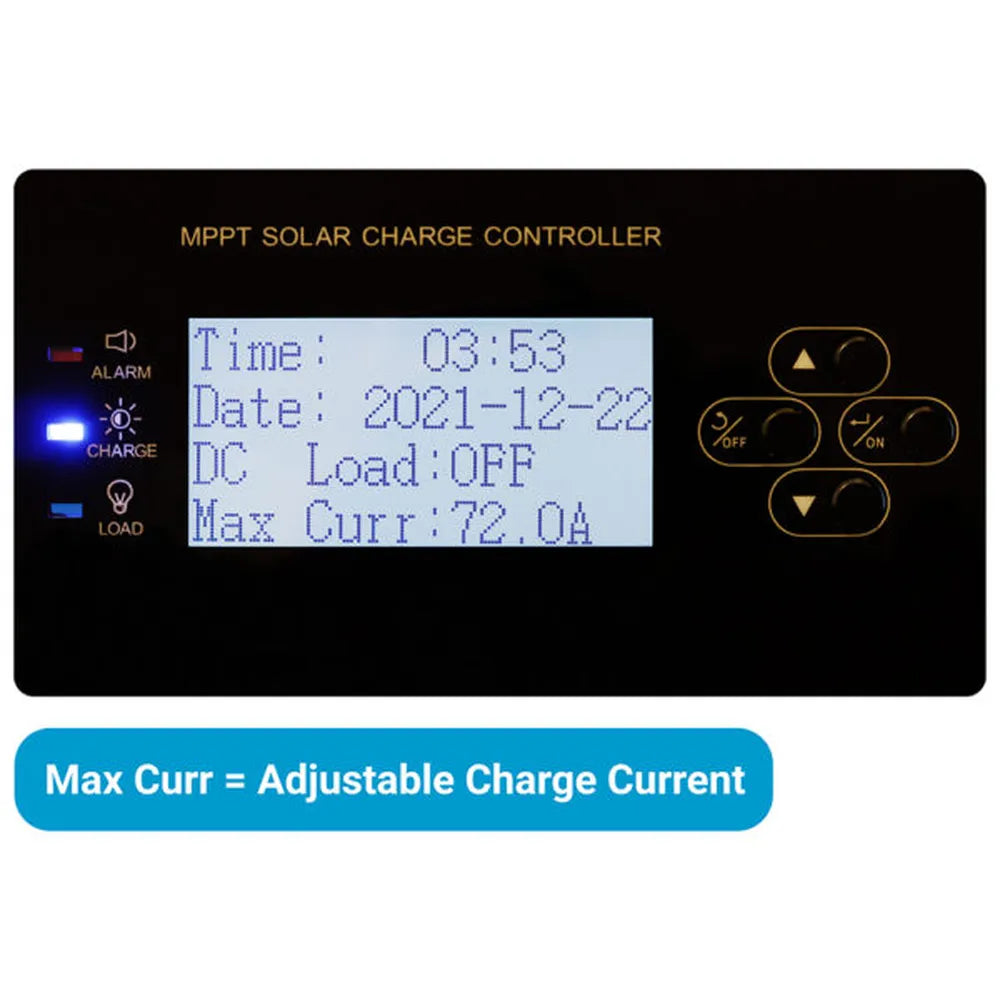 LCD configuration screen on AIMS Power MPPT solar controller showing time 03:53, date 2021-12-22, DC load off, max current 72.0A, and adjustable charge current information.