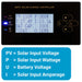 MPPT solar charge controller display explaining PV solar input voltage, solar input wattage, battery voltage, and solar input amperage with readings of PV 110V, 363W, 27.4V, 13.3A, 100% battery capacity, and 0.1 kWh today.