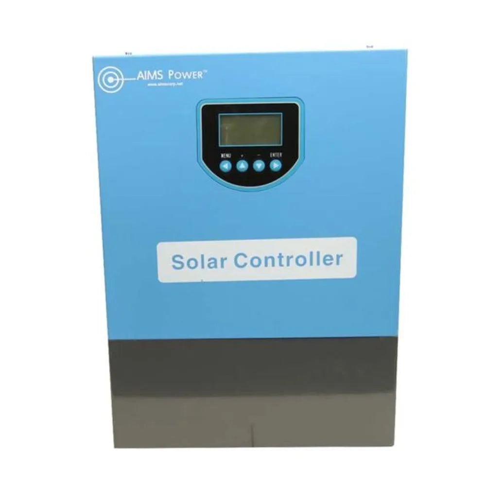 AIMS Power 100A 300V MPPT charge controller with blue and gray metal enclosure, front LCD screen, menu buttons, AIMS Power logo, and large “Solar Controller” label.