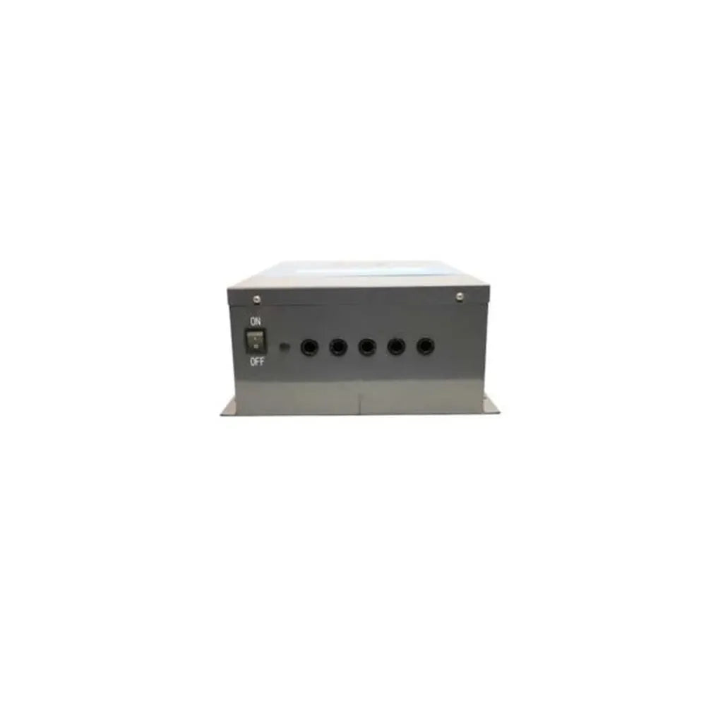 Bottom view of AIMS Power MPPT solar charge controller showing on/off switch, round input and output ports, gray housing, and mounting feet.