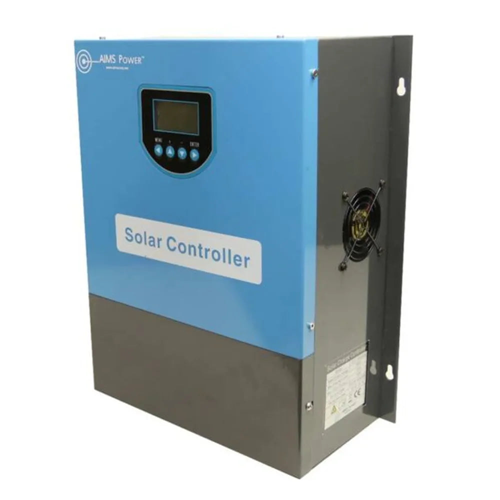 Angled product view of AIMS Power 100A 300V MPPT charge controller featuring side cooling fan, wall mounting bracket, front display panel, and blue solar controller cover.