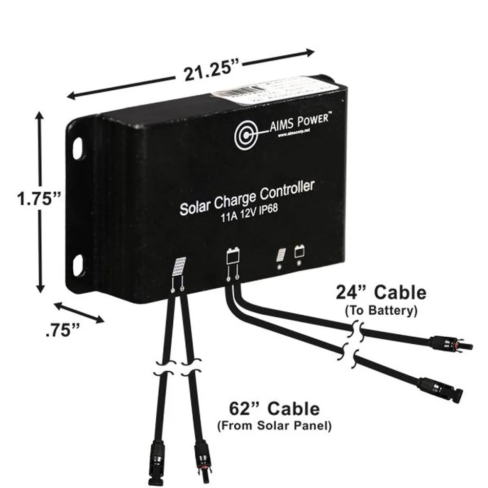 AIMS Power 11A 12V IP68 waterproof solar charge controller with attached 62-inch solar panel cables, 24-inch battery cables, MC4-style connectors, and labeled dimensions of 21.25 inches, 1.75 inches, and 0.75 inches.