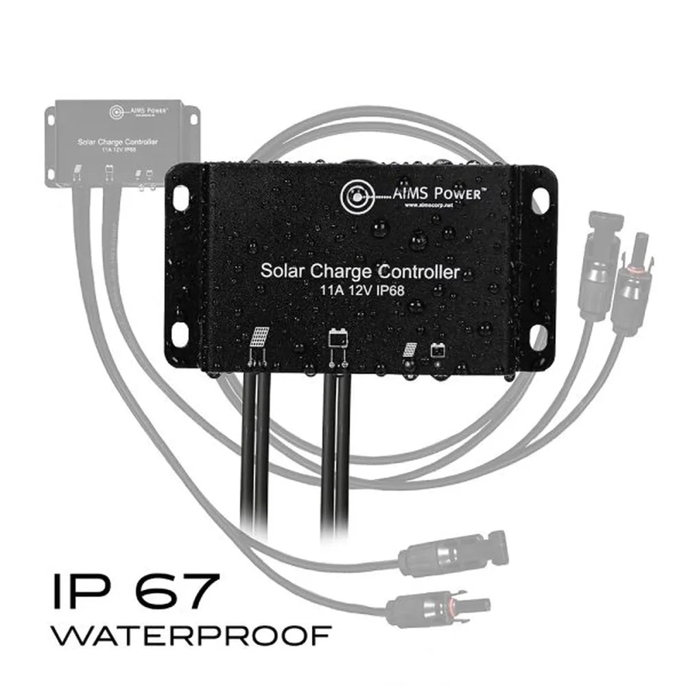 AIMS Power waterproof solar charge controller shown with water droplets, attached solar and battery cables, MC4-style connectors, and “IP 67 WATERPROOF” text for outdoor solar charging applications.