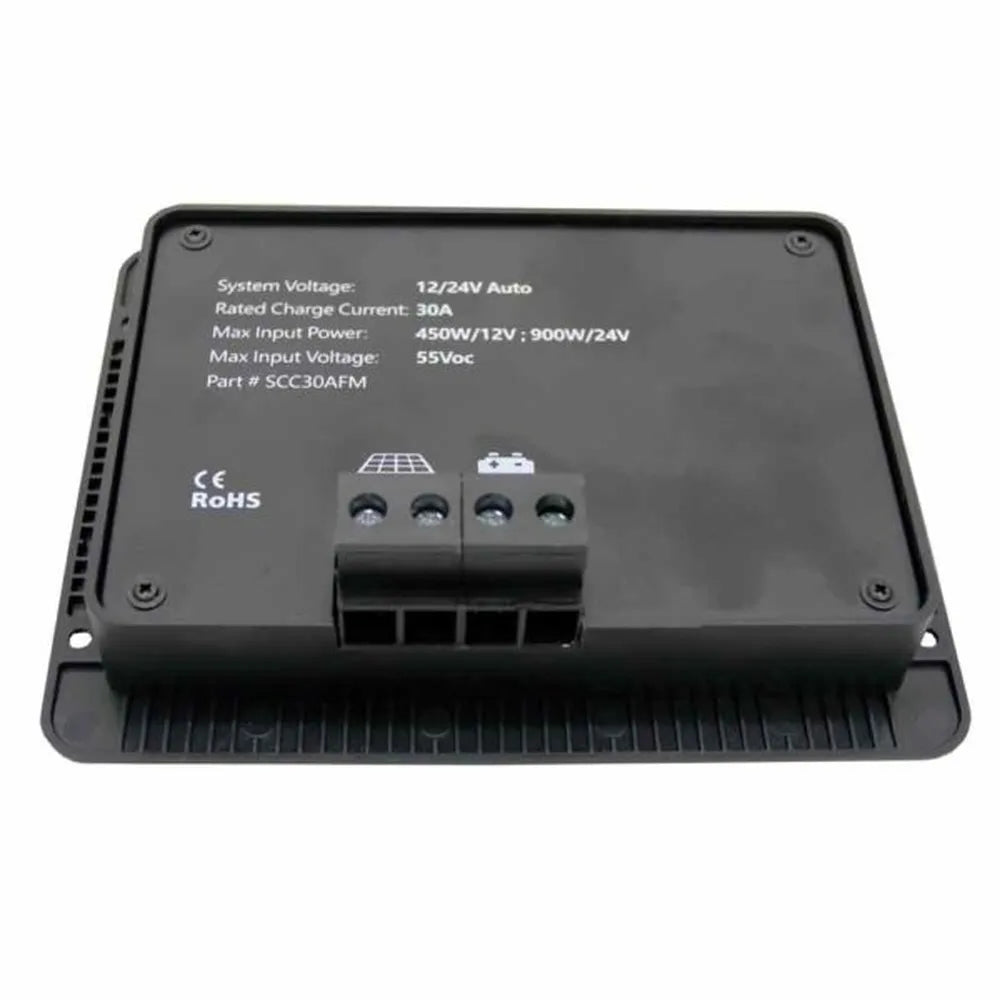 Rear view of AIMS Power flush mount 30A solar charge controller showing solar panel and battery input terminals, 12/24V auto system voltage, 30A rated charge current, 55Voc max input voltage, and part number SCC30AFM.