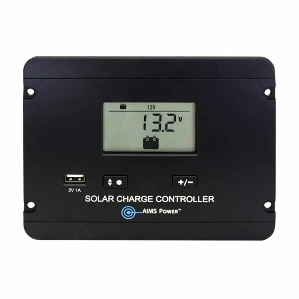 Front view of AIMS Power flush mount solar charge controller with LCD display reading 13.2V, 12V battery icon, USB 5V 1A port, menu buttons, plus/minus key, and black panel-mount housing.