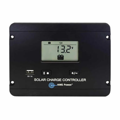 Front view of AIMS Power flush mount solar charge controller with LCD display reading 13.2V, 12V battery icon, USB 5V 1A port, menu buttons, plus/minus key, and black panel-mount housing.