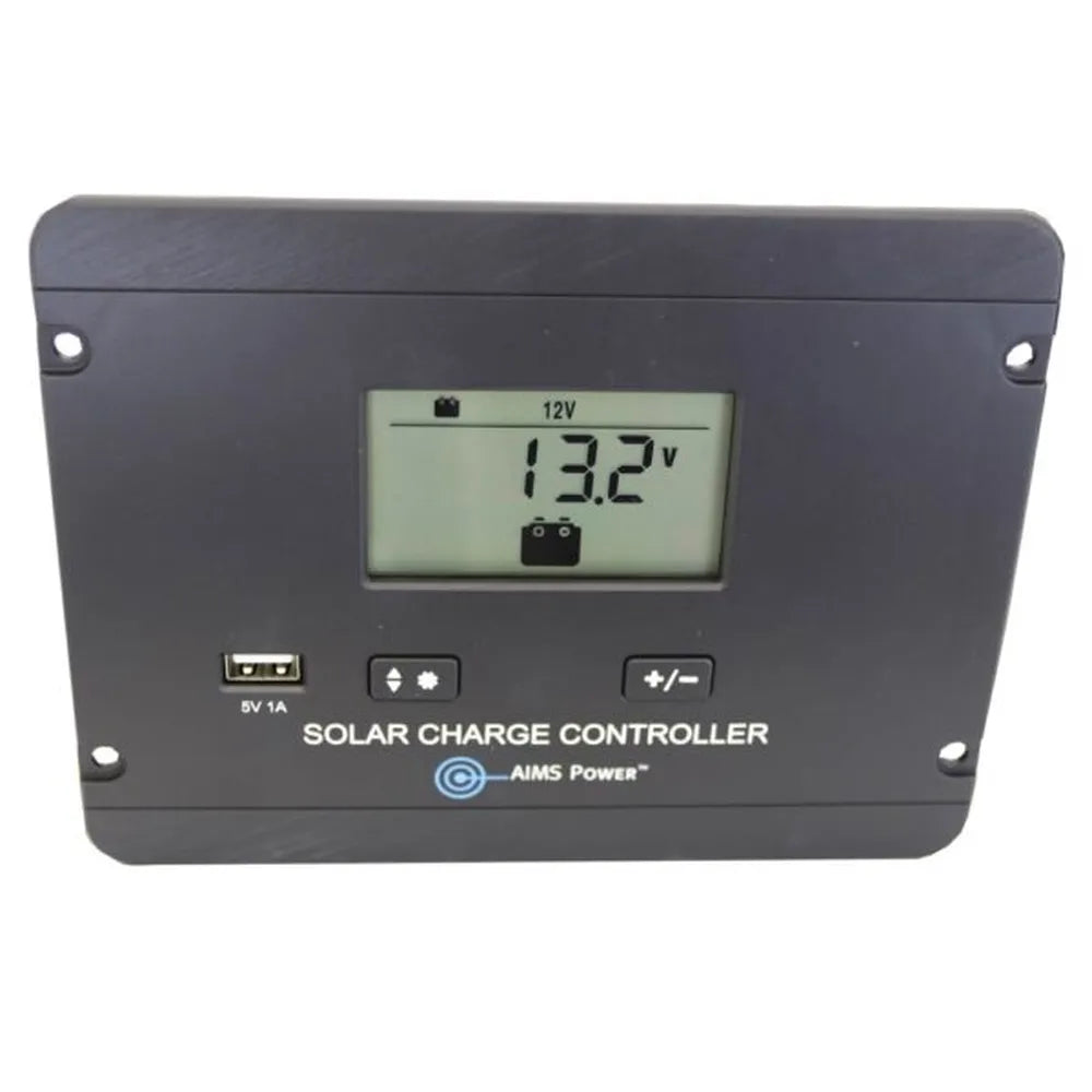 Close-up of AIMS Power 30A solar controller faceplate with digital LCD voltage screen, USB charging port, control buttons, and “Solar Charge Controller” branding for RV, marine, and off-grid solar systems.