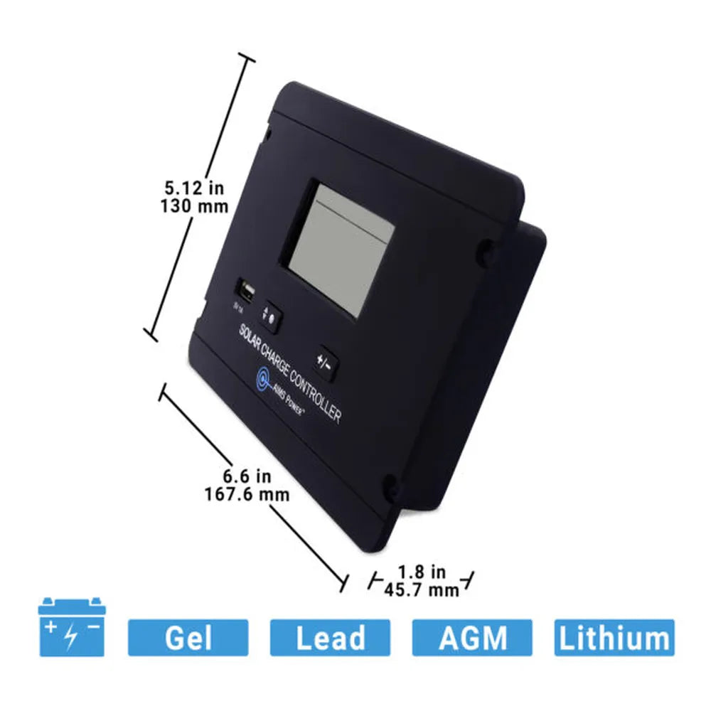 Angled dimension image of AIMS Power flush mount 30A solar controller measuring 6.6 in x 5.12 in x 1.8 in, compatible with gel, lead, AGM, and lithium batteries.