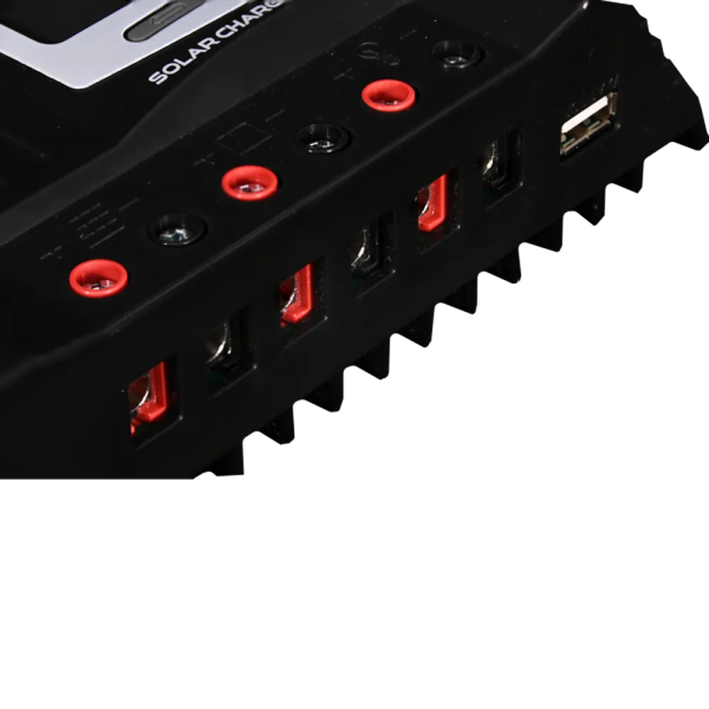 Close-up of AIMS Power solar charge controller terminal block with red and black screw terminals, PV input, battery input, DC load connections, and USB port for solar power system wiring.