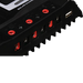 Close-up of AIMS Power solar charge controller terminal block with red and black screw terminals, PV input, battery input, DC load connections, and USB port for solar power system wiring.