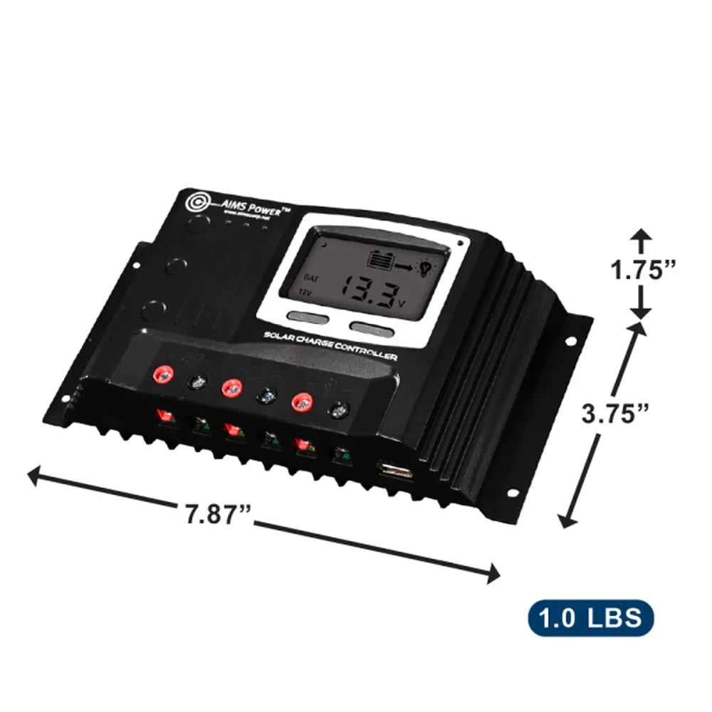 AIMS Power 30A 12/24V solar charge controller with LCD display, terminal strip, USB output, mounting holes, dimensions 7.87 inches by 3.75 inches by 1.75 inches, and 1.0 lb weight.